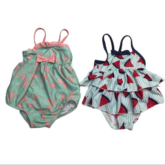 Girls swimsuits 3-6 months flamingos & watermelon - Picture 1 of 12